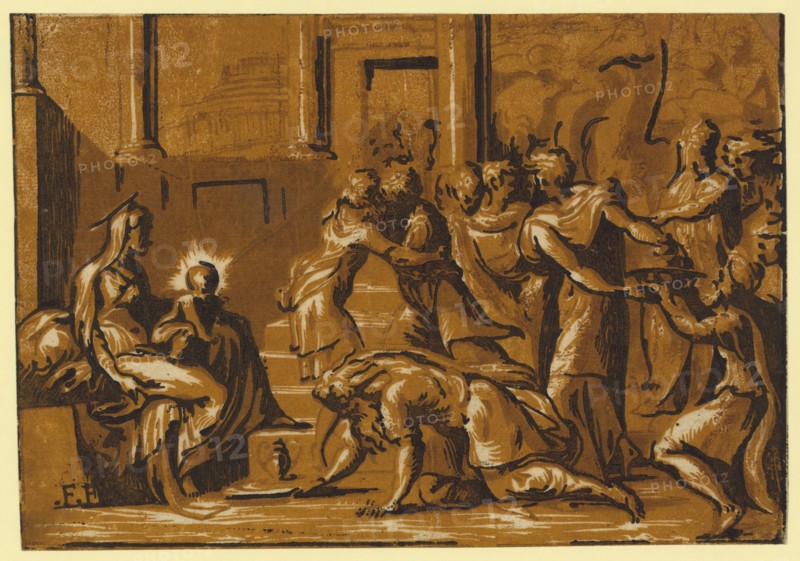 The adoration of the Magi, Vicentino, Giuseppe Niccolo, approximately 1510, Date Created between 1540 and 1560, chiaroscuro woodcut, color, 7 x 1 cm, Allegorical print showing the nativity scene with the Magi presenting their offerings to the infant Jesus
