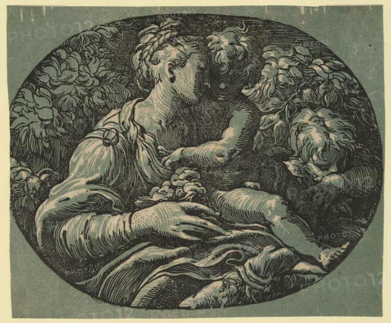 The virgin, child and St. John, Parmigianino, 1503-1540 , Date Created between ca.1520 and 1700, chiaroscuro woodcut, color, 5 cm x 2 cm, the Virgin Mary holding the infant Jesus with his cousin in the background