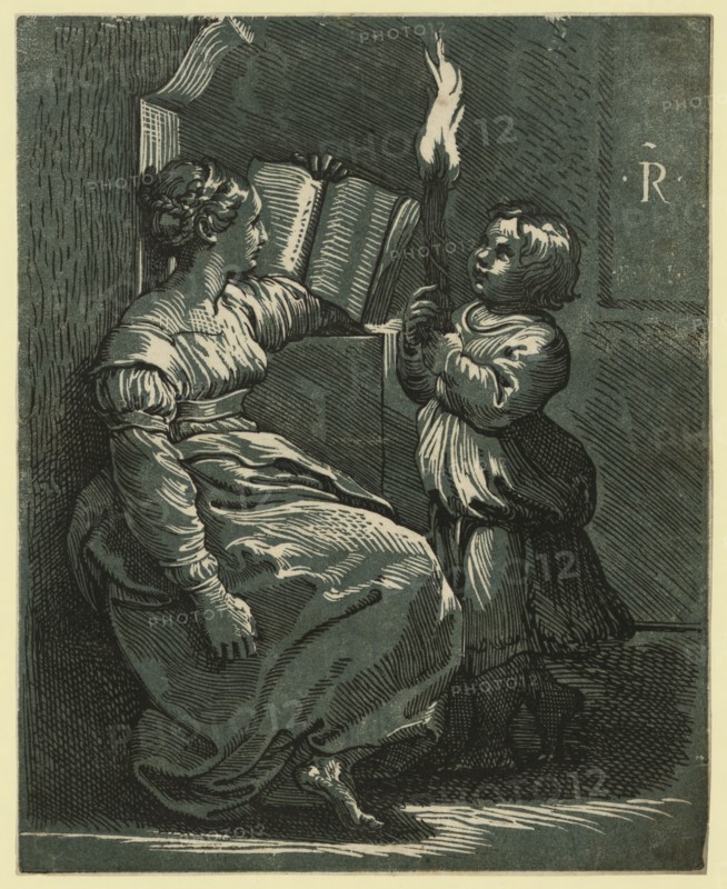 Sibyl reading a book, Carpi, Ugo da, 1480 approximately 1532, Date Created between 1500 and 1530, chiaroscuro woodcut, color , 9 x 5 cm, the Cumaean Sibyl, full-length, seated, facing right, reading a book by the light of a torch held by a child.