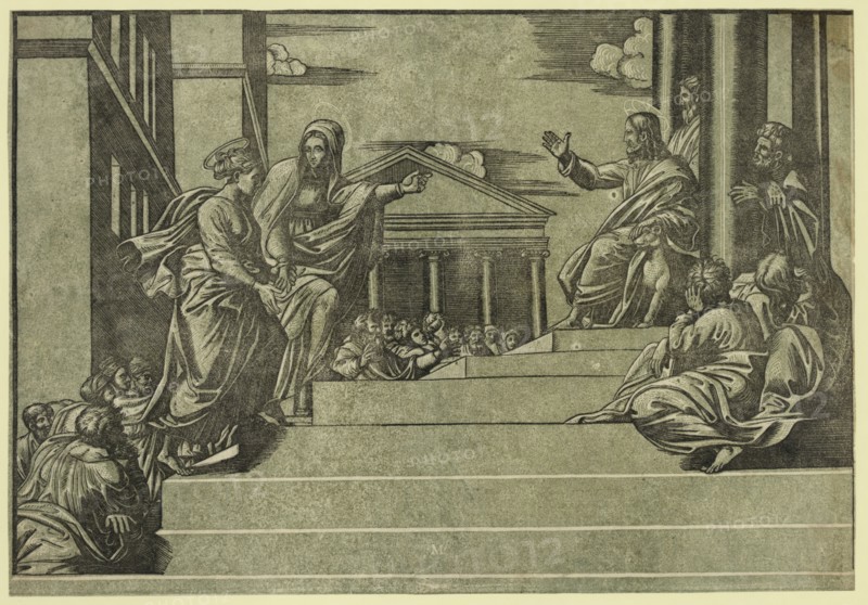 Martha and Mary Magdalene before Christ,  Penni, Giovanni Francesco, approximately 1496-approximately 1528, Martha presenting her sister Mary Magdalene to Jesus, who reaches his arm out to greet them. Several others are seated on the steps around Jesus.