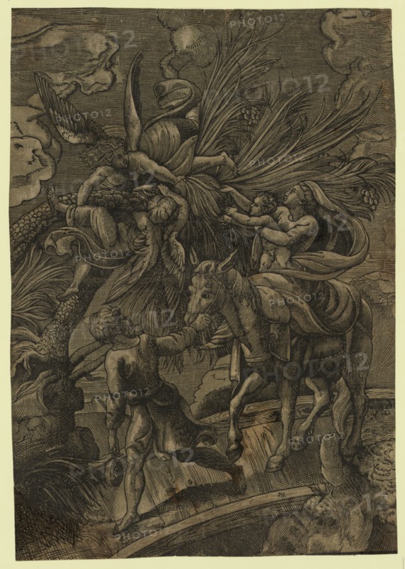 The flight into Egypt, Raphael, 1483, 1520, angels pulling a tree within the reach of the infant Jesus who rides in the lap of the Virgin Mary on a donkey. Joseph guides the donkey on the family's journey to Egypt.