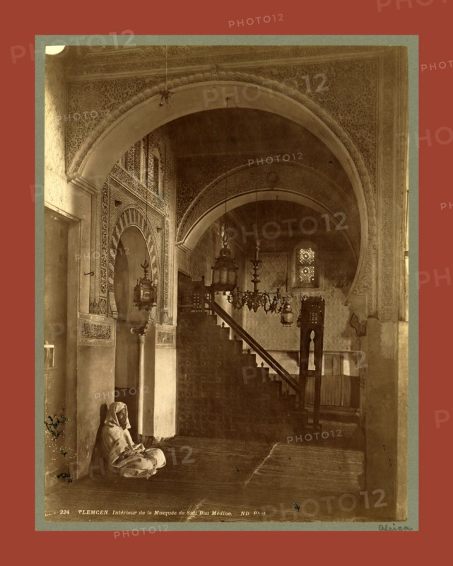 Tlemcen, Interior of the Mosque of Sidi Bou Medina, Algiers, Neurdein brothers 1860 1890, the Neurdein photographs of Algeria including Byzantine and Roman ruins in Tébessa and Thamugadi; mosques, shrines, public buildings, palaces, and street scenes in Mostaganem, Biskra, Algiers, Tlemcen, Constantine, Oran, and Sidi Bel AbbÃ¨s; and the cathedral at Carthage. Portraits of Algerian people include Berbers, Ouled NaÃ¯l women, and prisoners in Annaba. Tunisian views include mosques, buildings, and street scenes in Tunis.