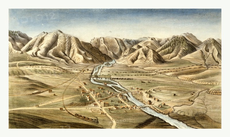 bird's eye view of Golden City, Jefferson County, Colorado Territory by Alfred Edward Mathews, 1831 1874, US, USA, America