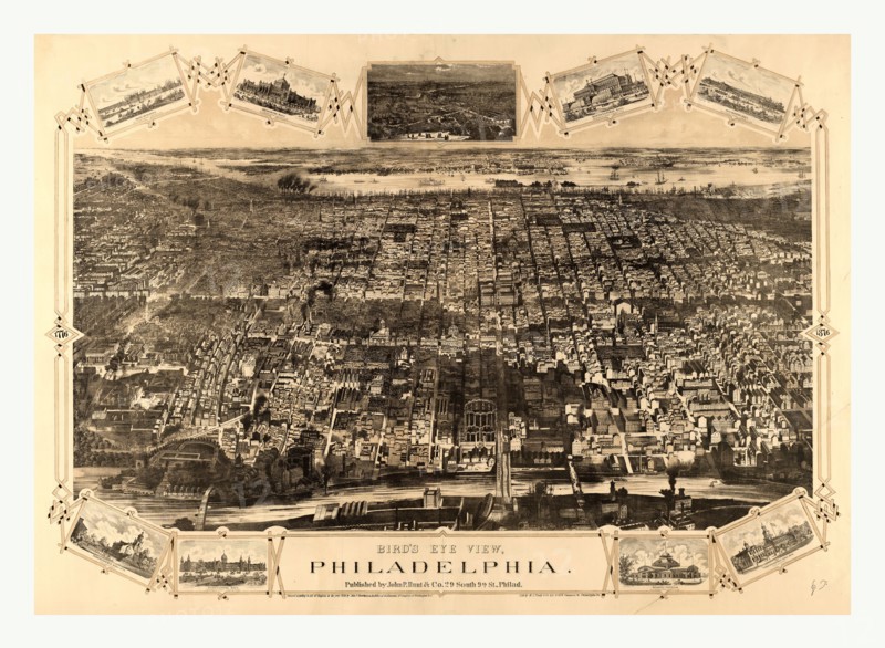 Bird's eye view of Philadelphia between the Schuykill River, in the foreground, and the Delaware River in the background by John P. Hunt & Co., circa 1876, US, USA, America