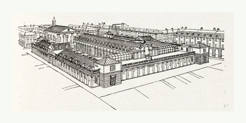 Bird's eye view of Fowler's market from the south-east,England London Covent Garden, Fowler, Charles, 1792 1867 , architect, UK, U.K., Great Britain
