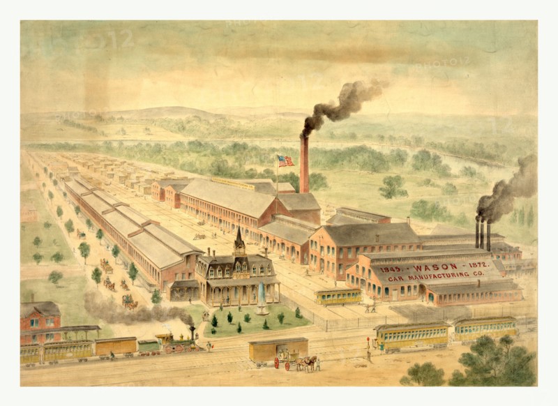 Bird's eye view of Wason Car Manufacturing Co., circa 1872. by  Charles Parsons, 1821 1910, US, USA, America