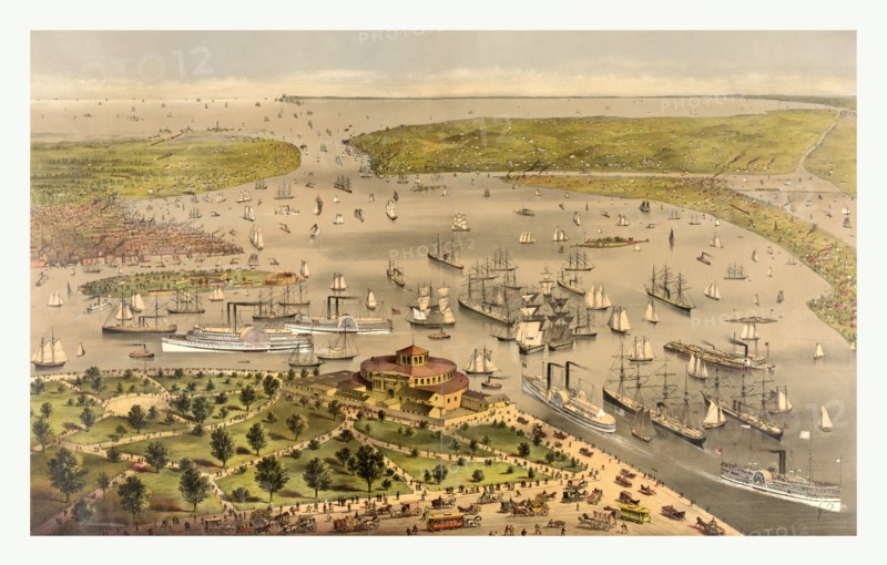 Port of New York, birds eye view from the battery looking South by Currier & Ives circa 1878, US, USA, America