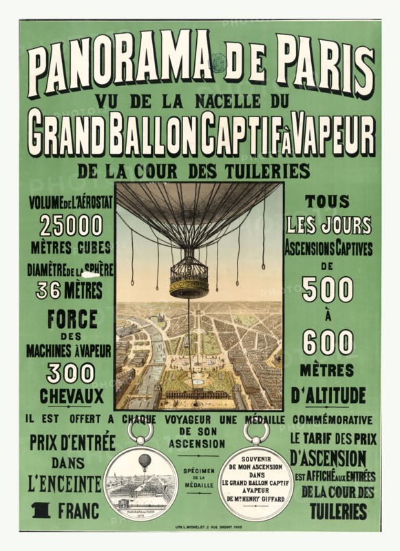 bird's eye view of Paris to advertise balloon ascensions at the 1878 world's fair, France, and the basket of Henri Giffard's captive balloon, 1878