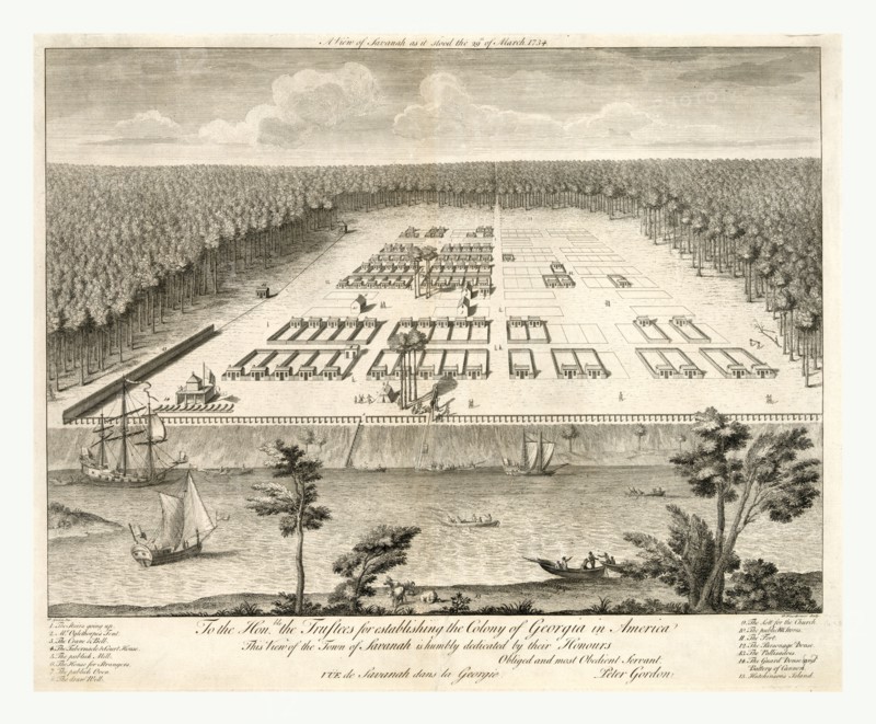 A view of Savannah, Georgia, as it stood the 29th of March, 1734. Lithograph of engraving by P. Fourdrinier after P. Gordon, US, USA, America
