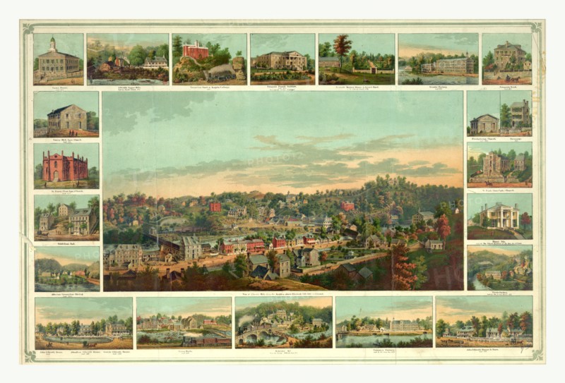 Bird's eye view of Ellicotts Mills, Maryland; small images of various buildings and factories in the town surround the central image by E. Sachse & Co., circa 1854, US, USA, America