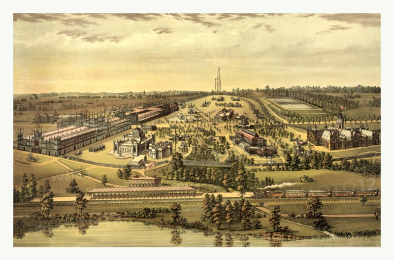 Bird's eye view, Centennial buildings, Fairmont Park, Philadelphia. 1876 by H.J. Toudy & Co., circa 1875 & 1876, US, USA, America