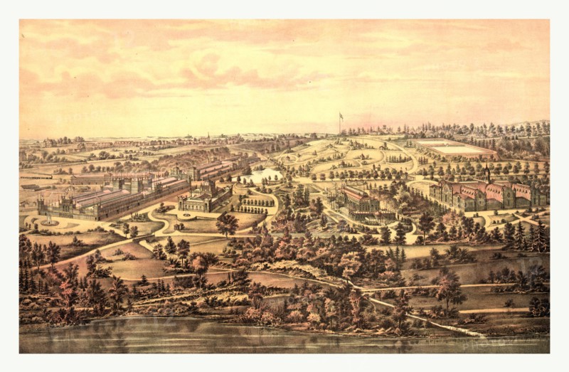 Bird's eye view, Centennial Buildings, Fairmount Park, Philadelphia by H.J. Toudy & Co., circa 1875, US, USA, America