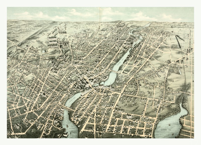 Bird's eye view of Pawtucket, & Central Falls, R.I., circa 1877, US, USA, America