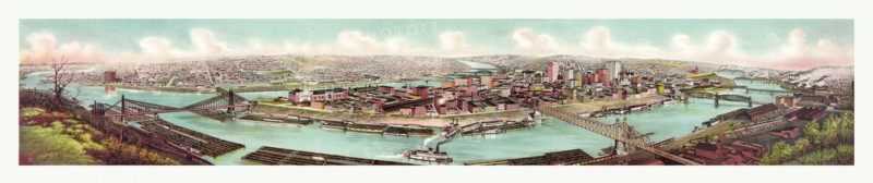 Bird's eye view of the skyline of Pittsburg at the confluence of the Allegheny and Monongahela rivers, circa 1904, US, USA, America