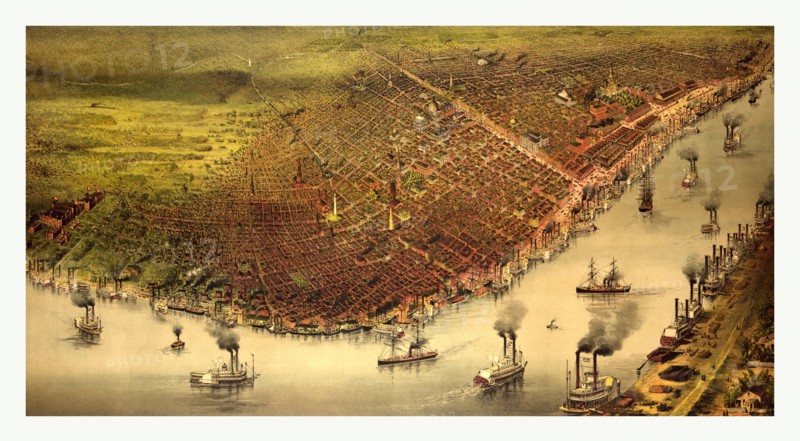The city of New Orleans, and the Mississippi River Lake Pontchartrain in distance by Currier & Ives, circa 1885, US, USA, America