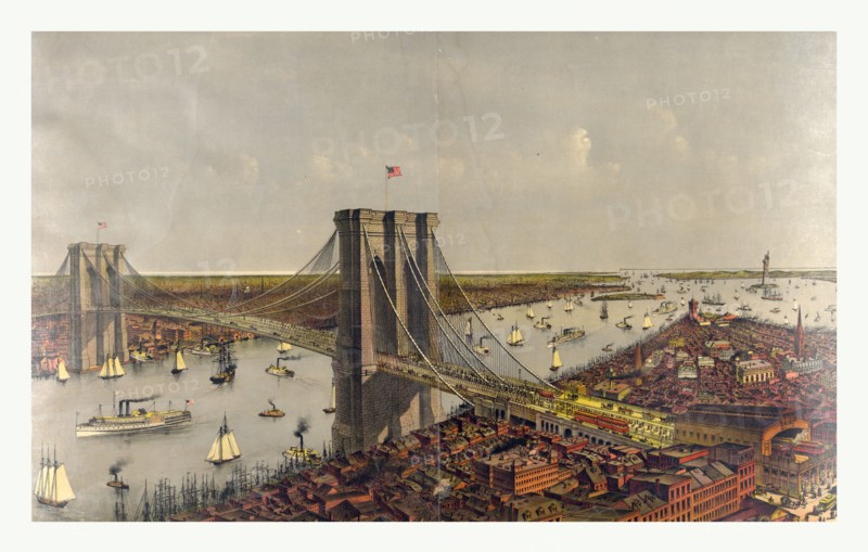 Grand birds eye view of the Great East River suspension bridge Connecting the cities of New York & Brooklyn, Showing also the splendid panorama of the bay and the port of New York by Currier & Ives, circa 1885, US, USA, America