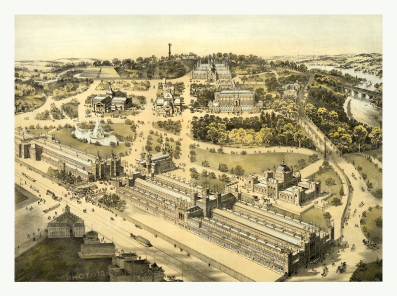 View of the ground and buildings, International Exhibition, 1876, Fairmount Park, Philadelphia by A.L. Weise lith., circa 1876, US, USA, America
