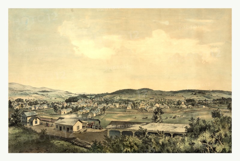 Birds eye view showing Ludlow, Vermont, 1859 From south hill, US, USA, America