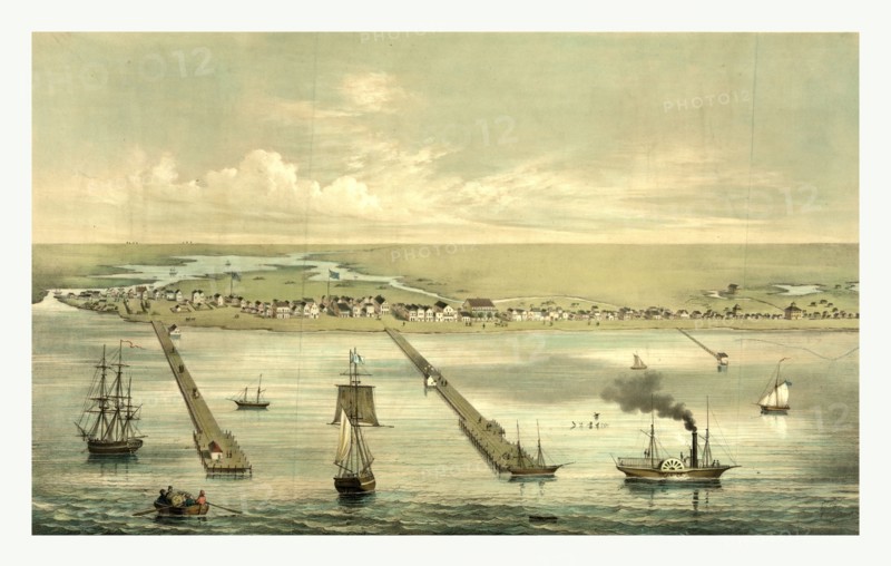 View of Indianola taken from the bay, on the Royal Yard, on board the barque Texana, Sept. 1860 drawn from nature by Helmuth Holtz, circa 1860, US, USA, America