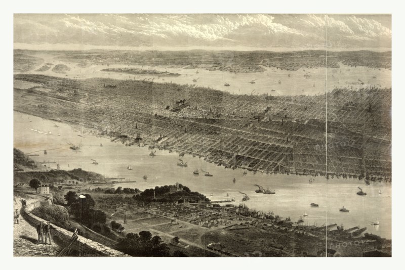 Bird's eye view of New York City, New York, showing Battery Park on the right and Central Park on the left; also visible are the foundations for the Brooklyn Bridge, 1876, US, USA, America