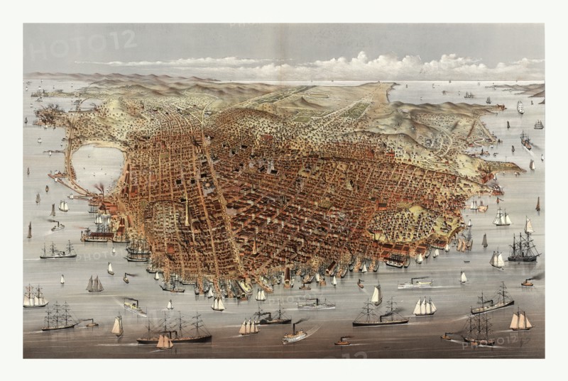 The City of San Francisco. Birds eye view from the bay looking south-west by Currier & Ives circa 1878, US, USA, America