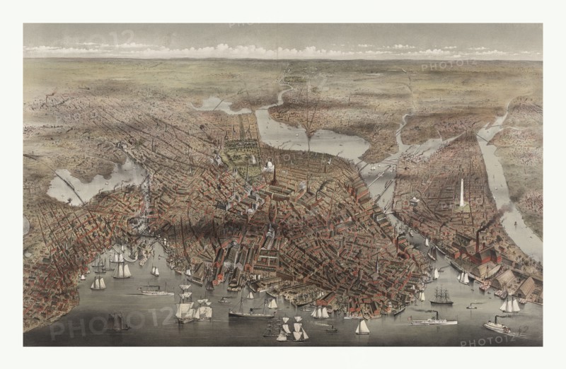 Birds eye view of the City of Boston by Currier & Ives circa 1873, US, USA, America