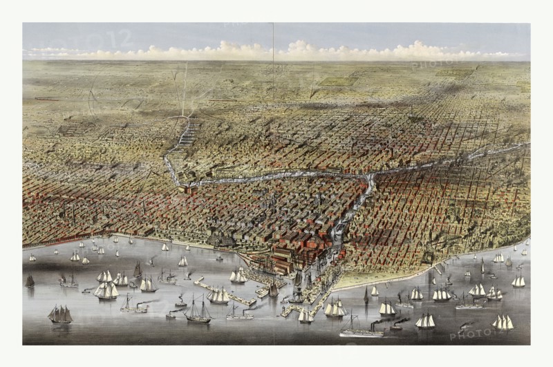 Bird's eye view of Chicago, Illinois from above Lake Michigan by Currier & Ives circa 1874, US, USA, America