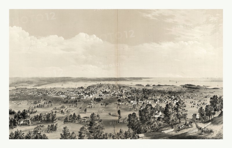 Bird's eye view of Hamilton, Ontario, Canada, in 1859, showing harbor in the distance by Rice & Duncan