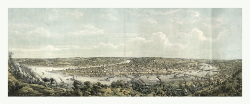 Bird's eye view of Pittsburgh at the confluence of the Monongahela, in the foreground, and the Allegheny Rivers; Birmingham is in the right foreground and Allegheny is in the distance on the left by Otto Krebs, circa 1871, US, USA, America