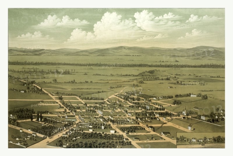 Bird's eye view of Jacksonville and the Rogue River Valley, Oregon, circa 1883, US, USA, America