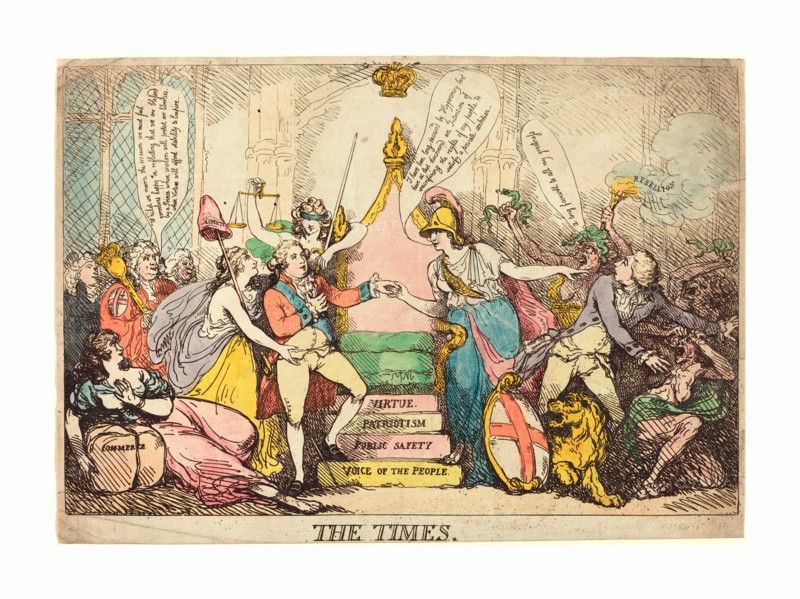 Thomas Rowlandson (British, 1756  1827 ), The Times, probably 1783, hand colored etching