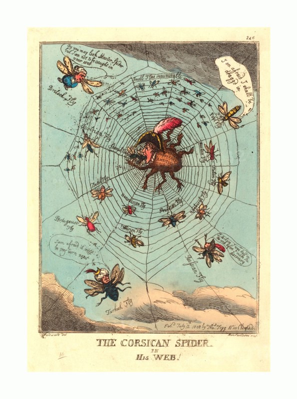 Thomas Rowlandson (British, 1756  1827 ), The Corsican Spider in his Web, published 1808, hand colored etching
