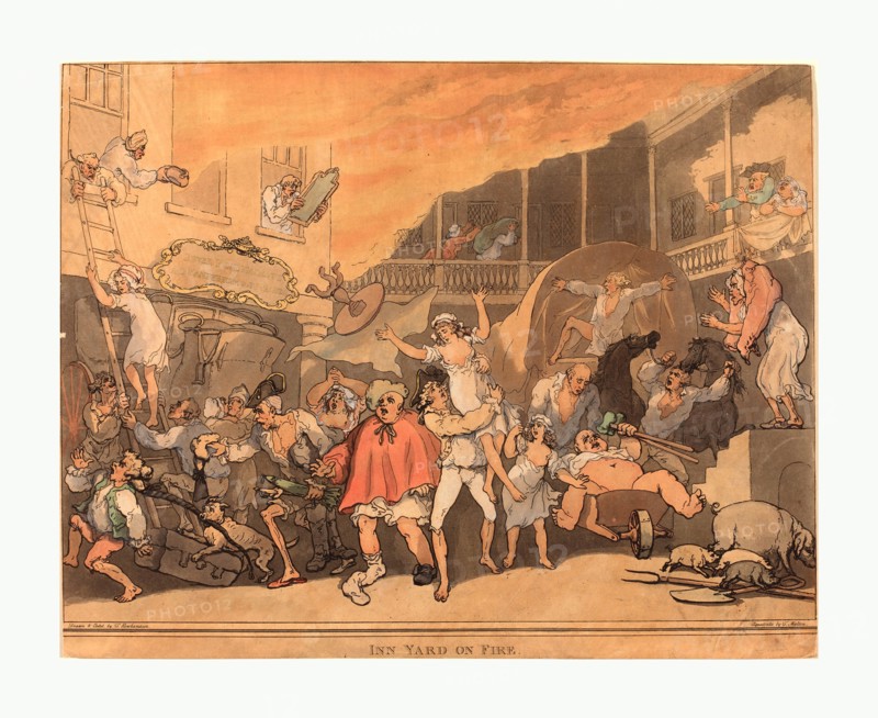 Thomas Rowlandson (British, 1756  1827 ), The Inn Yard on Fire, 1791, hand colored etching and aquatint