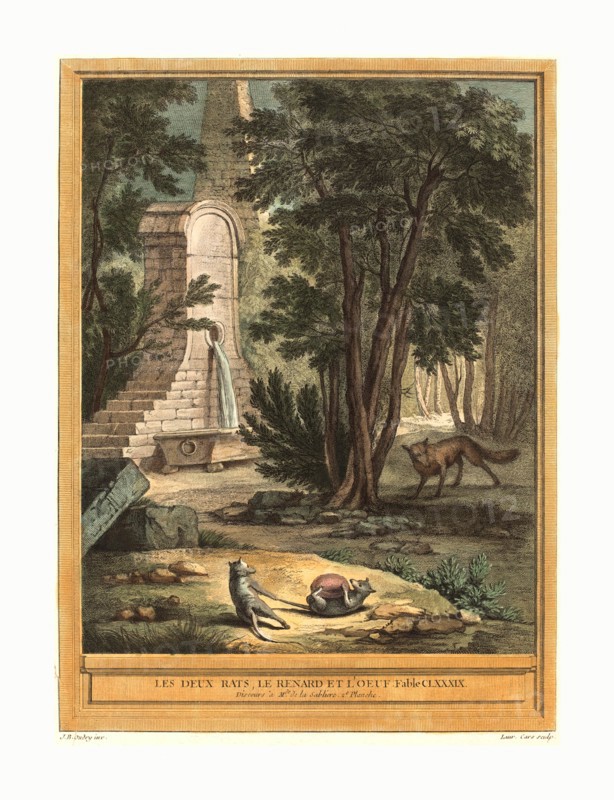 Laurent Cars after Jean Baptiste Oudry (French, 1699  1771 ), Les deux rats, le renard et l'oeuf (Two Rats,the Fox, and the Egg), published 1759, hand colored etching