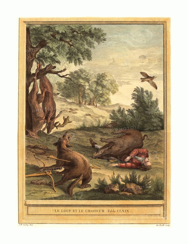 A.J. de Fehrt after Jean Baptiste Oudry (French, born 1723 ), Le loup et le chasseur (The Wolf and the Hunter), published 1756, hand colored etching