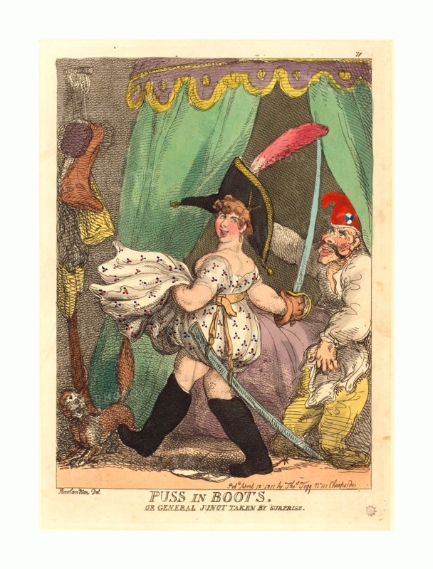 Thomas Rowlandson (British, 1756 - 1827 ), Puss in Boots, or General Junot taken by Surprise, published 1811, hand-colored etching, Rosenwald Collection