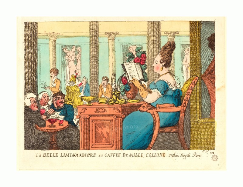 Thomas Rowlandson (British, 1756 - 1827 ), La Belle Liminaudiere au Cafe des Mille Colonnes, Palais Royal, Paris, 1814, hand-colored etching, Rosenwald Collection
