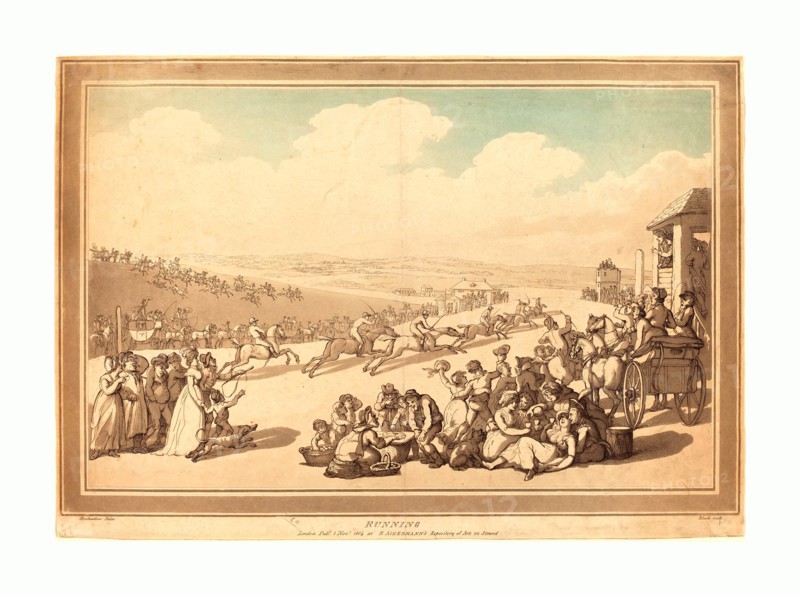 John Bluck after Thomas Rowlandson (British, active 1791 - 1819 ), Running, published 1804, hand-colored etching and aquatint with blue wash, Rosenwald Collection