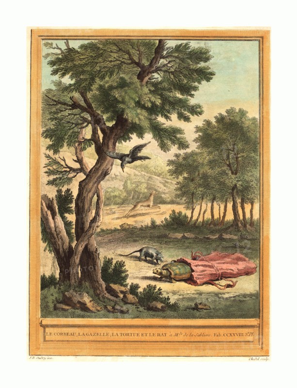 Quentin-Pierre Chedel after Jean-Baptiste Oudry (French, 1705 - 1763 ), Le corbeau, la gazelle, la tortue et le rat (The Crow, the Gazelle, the Tortoise, and, published 1759, hand-colored etching, Gift of Mr. and Mrs. George W. Ware