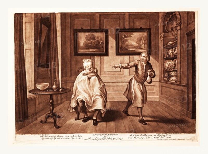 The dextrous trimmer or Pool Pill Garlick left in the suds, R. Houston, fecit., England, Published according to act of Parliament, 1751