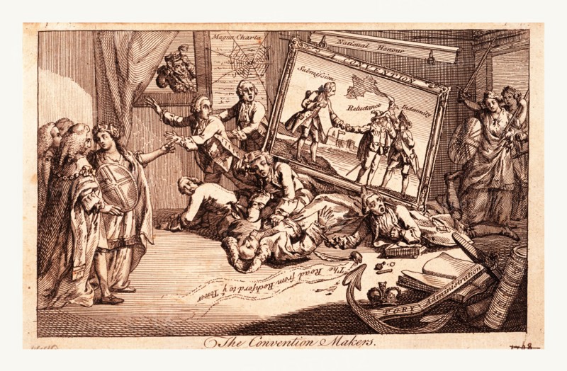The convention makers, England 1771, The interior of a room; a picture called A Convention, depicting the Convention between England and Spain on the Falkland Islands, is falling from a broken cornice inscribed National Honour, onto four prostrate figures ... Londinia (l.) ... points out the catastrophe to the Lord Mayor and two other men. Britannia and Justice with a sword and spear enter threateningly from a door (r.). Bute looks through a window