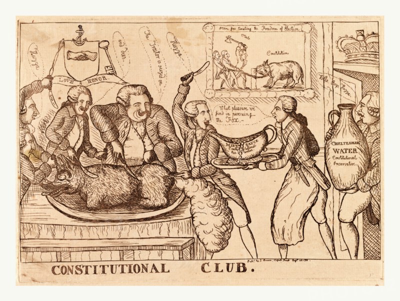 Constitutional Club, Dent, William, active 1741-1780, artist, England, satire on the Westminster by-election of 1788 shows five men carving a fox on a table as William Pitt carries a coin-filled gravy boat inscribed Mint sauce, Constitutional restorative and King George III follows with a jug of Cheltenham water, Constitutional restorative