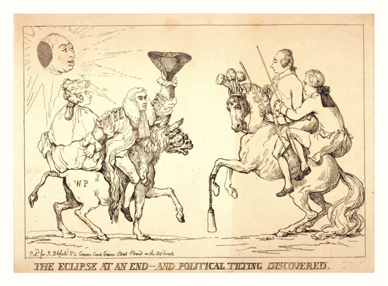 The eclipse at an end - and political tilting discovered, London, 1789?, Edward Thurlow and a woman, possibly Queen Charlotte, on a donkey labeled WP (William Pitt?) wearing a lion skin, a partially eclipsed sun (George III) above them; on the right two men are seated on a horse wearing the feathers of the Prince of Wales, it has begun to rear, but has a weight attached to its front left leg.
