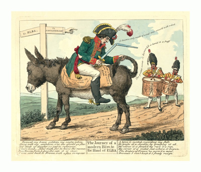 The journey of a modern hero, to the island of Elba, London, 1814, Napoleon I seated backwards on a donkey on the road to Elba from Fontainebleau; he holds a broken sword in one hand and the donkey's tail in the other while two drummers follow him playing a farewell(?) march. Includes twelve lines of verse.