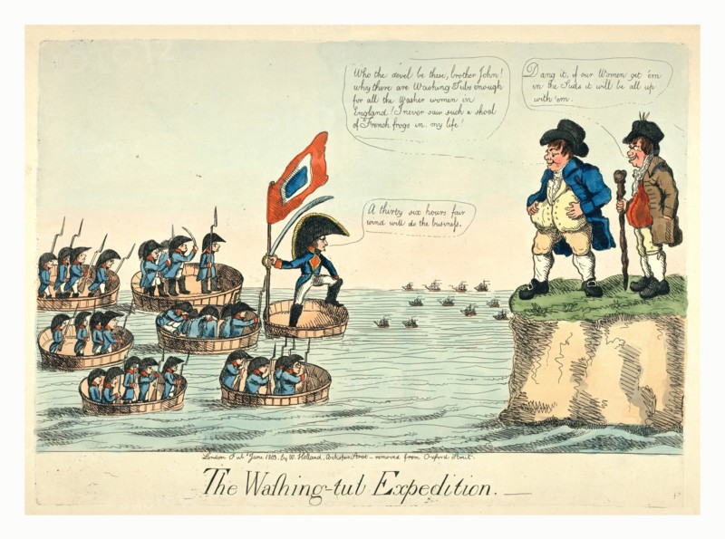 The washing-tub expedition, London, 1803, Napoleon I wearing an oversized hat and holding a large sword leading a French fleet of washing tubs filled with French soldiers in an invasion of England.