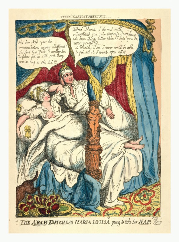 The arch dutchess Maria Louisa going to take her NAP, 1810, the young Archduchess Maria Louisa, second wife of Napoleon, in a bed which is too short for her with Napoleon discussing the accommodations.