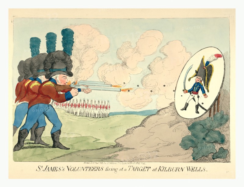 St. James's volunteers firing at a target at Kilburn Wells, engraving 1803, British soldiers shooting at a target with Napoleon's picture on it; he wears an oversized hat and carries a large sword.