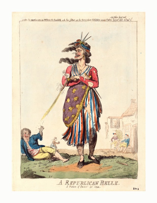 A republican belle, a picture of Paris for 1794, Cruikshank, Isaac, 1756?-1811?, artist, engraving 1794, an old woman, a sansculotte, in ragged dress, her arms folded across her chest, holding a pistol in one hand, which she fires at a man lying on the ground, and a dagger in the other. There is a skull and crossbones design on her garment, she wears a miniature guillotine hanging from her neck, and claws are showing through her shoes. At a tavern in the background, men are smoking pipes and bowling with skulls beneath a sign showing the severed and bleeding head of Louis XVI and from which a naked body hangs.