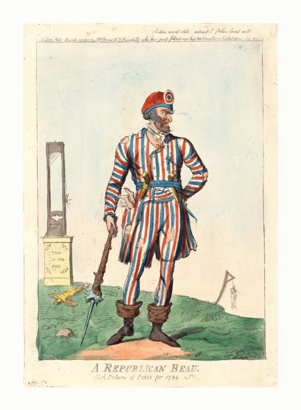 A republican beau, a picture of Paris for 1794, Cruikshank, Isaac, 1756?-1811?, artist, engraving, 1794, a man, a sansculotte, in ragged red, white, and blue stripe clothing, he holds a spiked club in one hand, wears pistols in his belt on which is written War Eternal War  and he has a dead infant stuffed into a pocket. In the near background is a guillotine replacing the crucifix, which lies on the ground, on an altar labeled This is our God and in the distance several bodies hang from a gibbet.