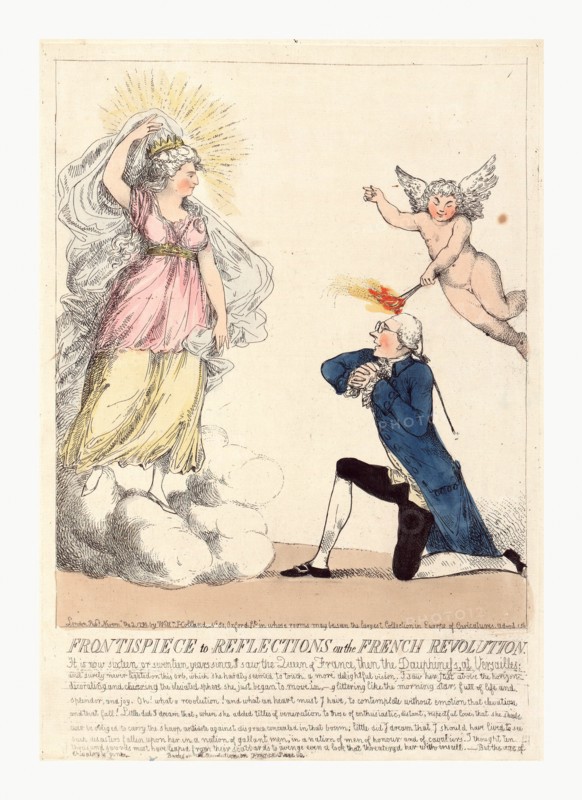 Frontispiece to Reflections on the French revolution, engraving 1790, Edmund Burke on bended knee as though proposing to a vision which appears before him of Marie Antoinette, while a cherub touches his head with a firebrand emitting the sparks of romance.